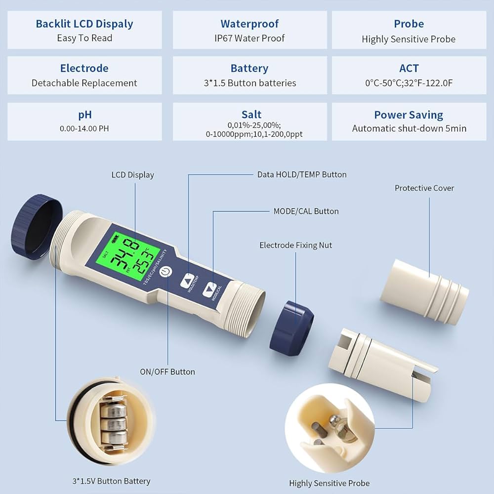 5 in 1 pH/EC/TD温度測定器 デジタルPH計 塩分濃度計 水質検査 Amazon | 7in1水質テスター 水質測定器 PH/EC/TDS/塩分/S.G/ORP